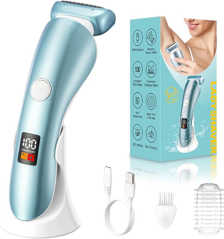 Aparador elétrico feminino Generic para virilha, pernas, rosto e axilas, uso seco e molhado, cabeça removível, luz LED, azul