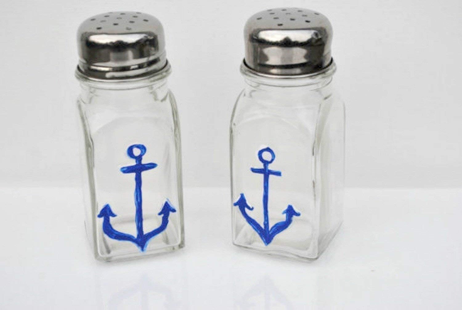 Navy Blue Anchor Glass Salt and Pepper Shaker Set