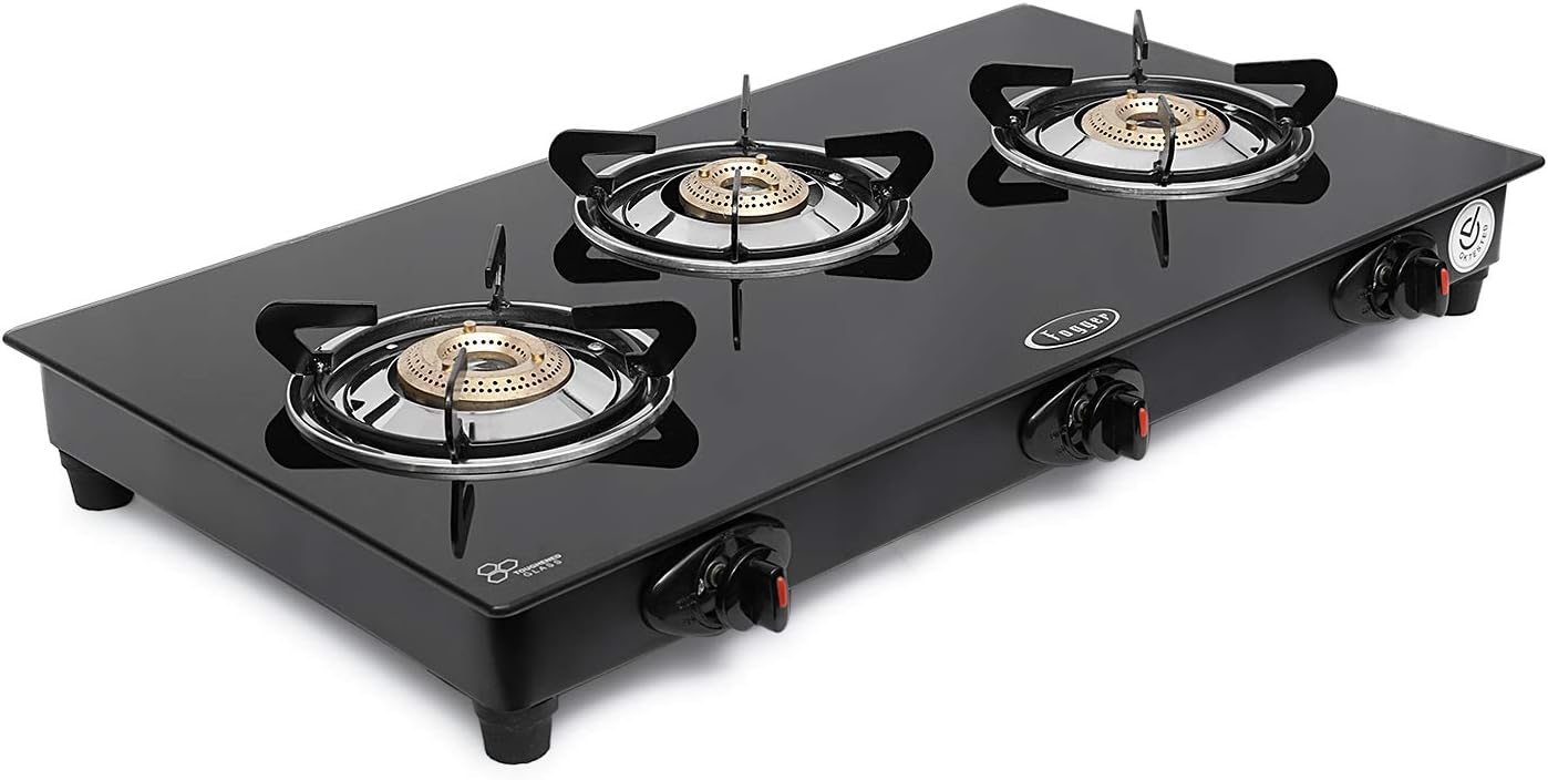Fogger Automatic Ignition Smart Glass Top 3 Brass Burner LPG Gas Stove