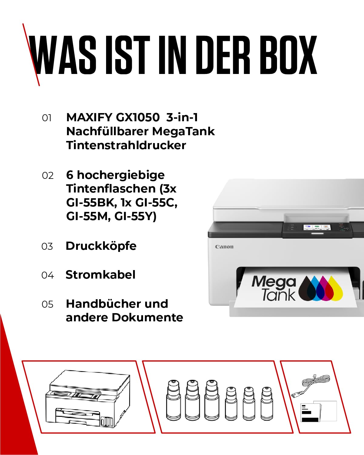 Canon MAXIFY GX1050 Tintenstrahldrucker 3-in-1 Multifunktionsdrucker MegaTank (Drucker, Scanner, Kopierer, WLAN, Cloud, Duplexdruck, 250 Blatt Kassette, Tintentank) Enthält 6 x Tintenflaschen