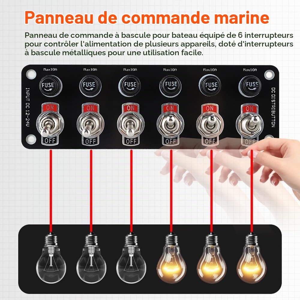 Shkalacar Panneau de Interrupteur à Bascule 6 Gangs Panneau électrique de Bateau Interrupteur à Bascule Marche/arrêt étanche avec fusibles 10A pour Voiture 12-24V Bateau Marin Yacht Camion SUV RV