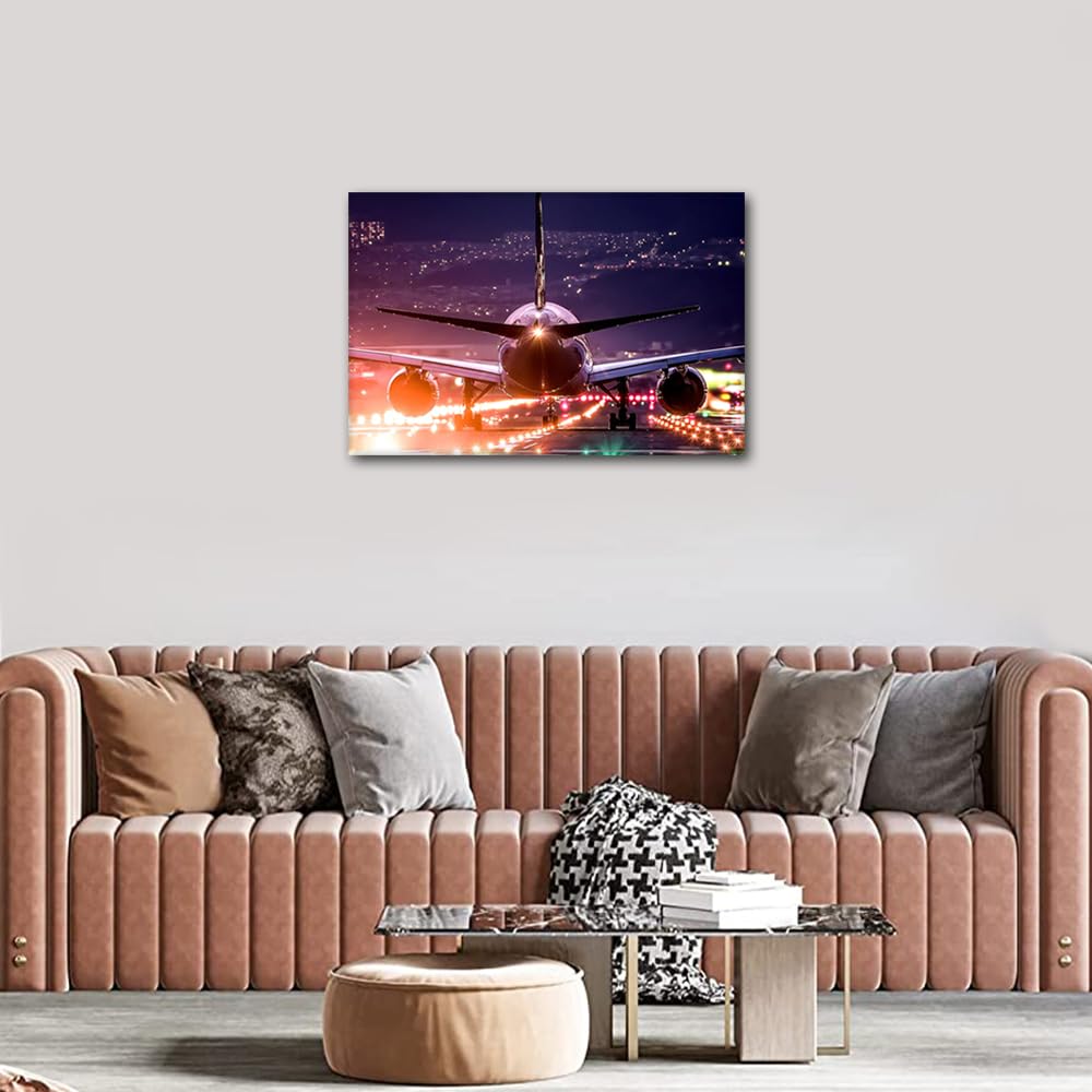 TISHIRON Airplane Pictures Airport Nightscape Wall Art Aircraft Paintings 1 Panel Artwork Printed on Canvas Modern Home Decoration Giclee Wooden Framed Gallery-Wrapped Ready to Hang(16" Wx24 H) - Image 3