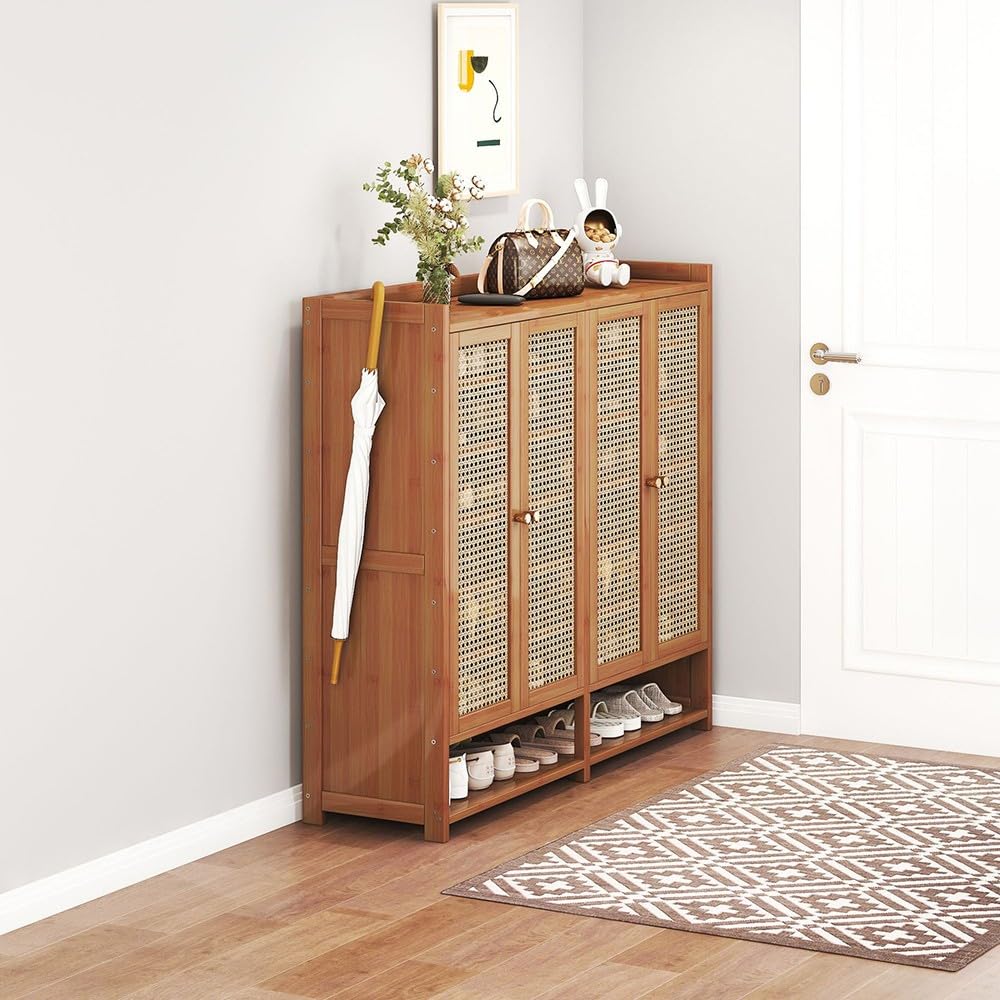 Schuhschrank aus Bambus mit 4 Rattantüren - 7 Ebenen Freistehendes Schuhregal mit Füßen, 120cm Breit - Moderner Schrank-Organizer für Flur und Wohnzimmer