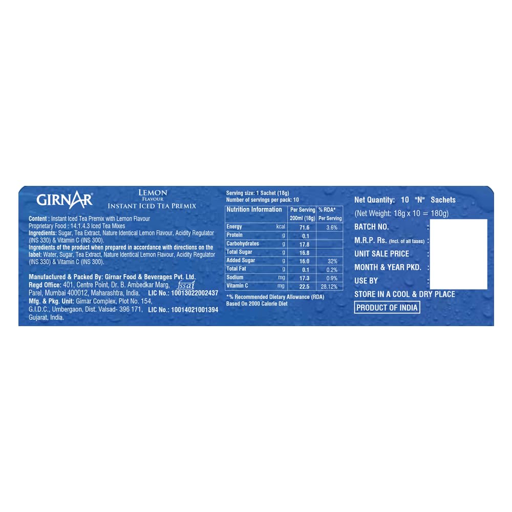 Girnar Instant Premix Iced Tea - Lemon Flavour (10 Sachets) - Image 2 thumbnail