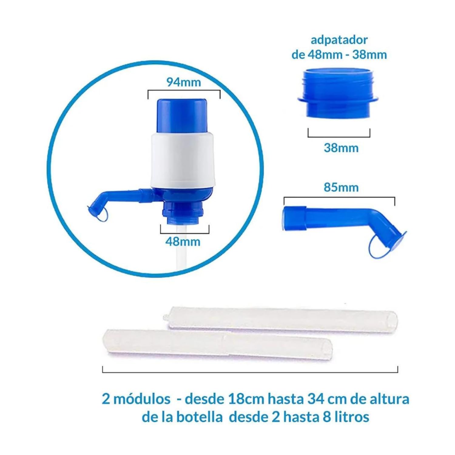 KROWN - Dispensador de Agua Manual para Garrafas, Bomba de Agua Compatible con Botellas de 2.5 a 8 litros, Tapón de 38mm y 48mm (1 Unidad)