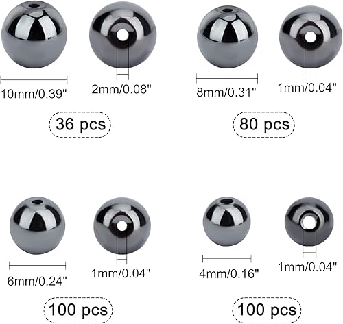 Miniatura 5 de PH PandaHall Cuentas de hematita sintética negra, 316 cuentas redondas de piedras preciosas de 4 tamaños, cuentas sueltas con agujero de 0.04 a