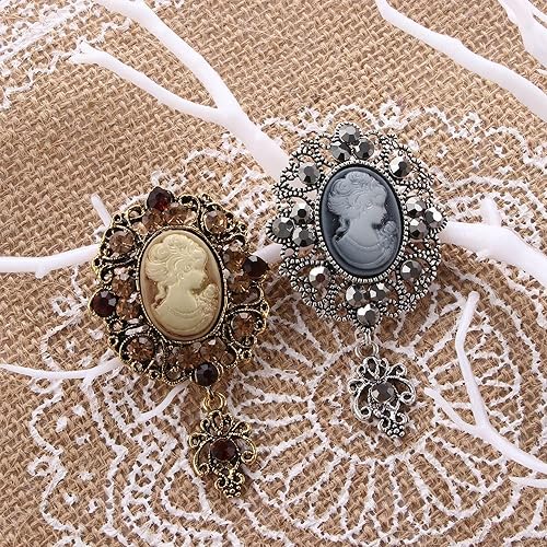 Image of Brooch Pins 2PCS Vintage Cameo Brooch Pins Women Crystal Pendant Brooches Alloy Rhinestones Brooch Flower Brooch Fashion Jewelry Clothing Accessories