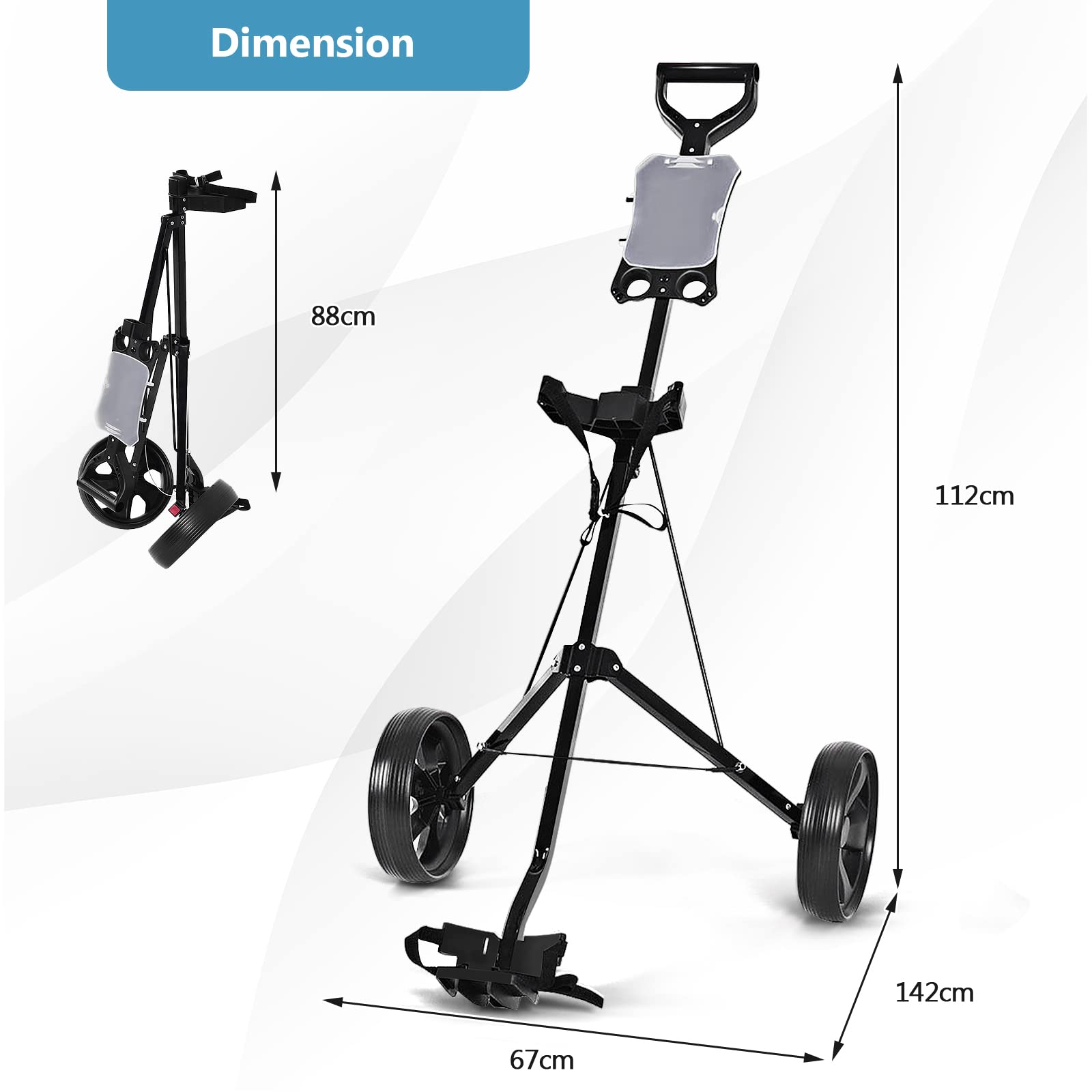 GOPLUS Chariot de Golf à 2 roulettes, Chariot de Golf Pliable avec Poignée Ergonomique, Sangles de Sac Ajustables et 2 roulettes, Facile à Pousser et à Tirer, 67 x 142 x 112CM