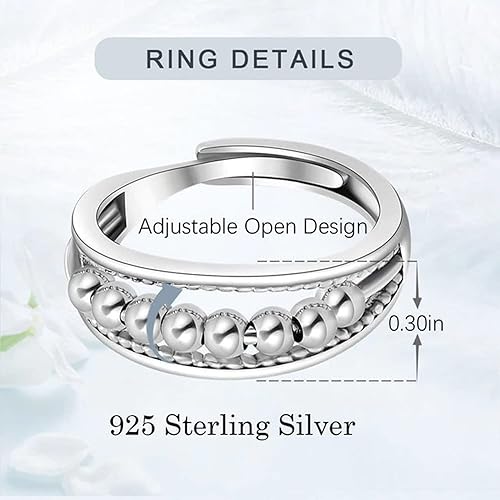 Vista 16 de Anillo de plata de ley 925 antiansiedad para mujeres y hombres, anillo de alivio de la ansiedad con cuentas, anillos giratorios para ansiedad