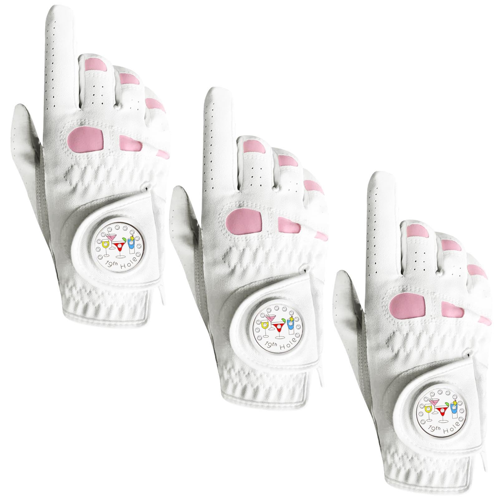 AXKAL Lady Golf Glove Ladies Women Left Hand Right Leather With Ball Marker Value 3 Pack (Not In Pair), Gloves Durable Soft Good Grip Fit Small Medium Large XL (Pink, M, Right) — image 1