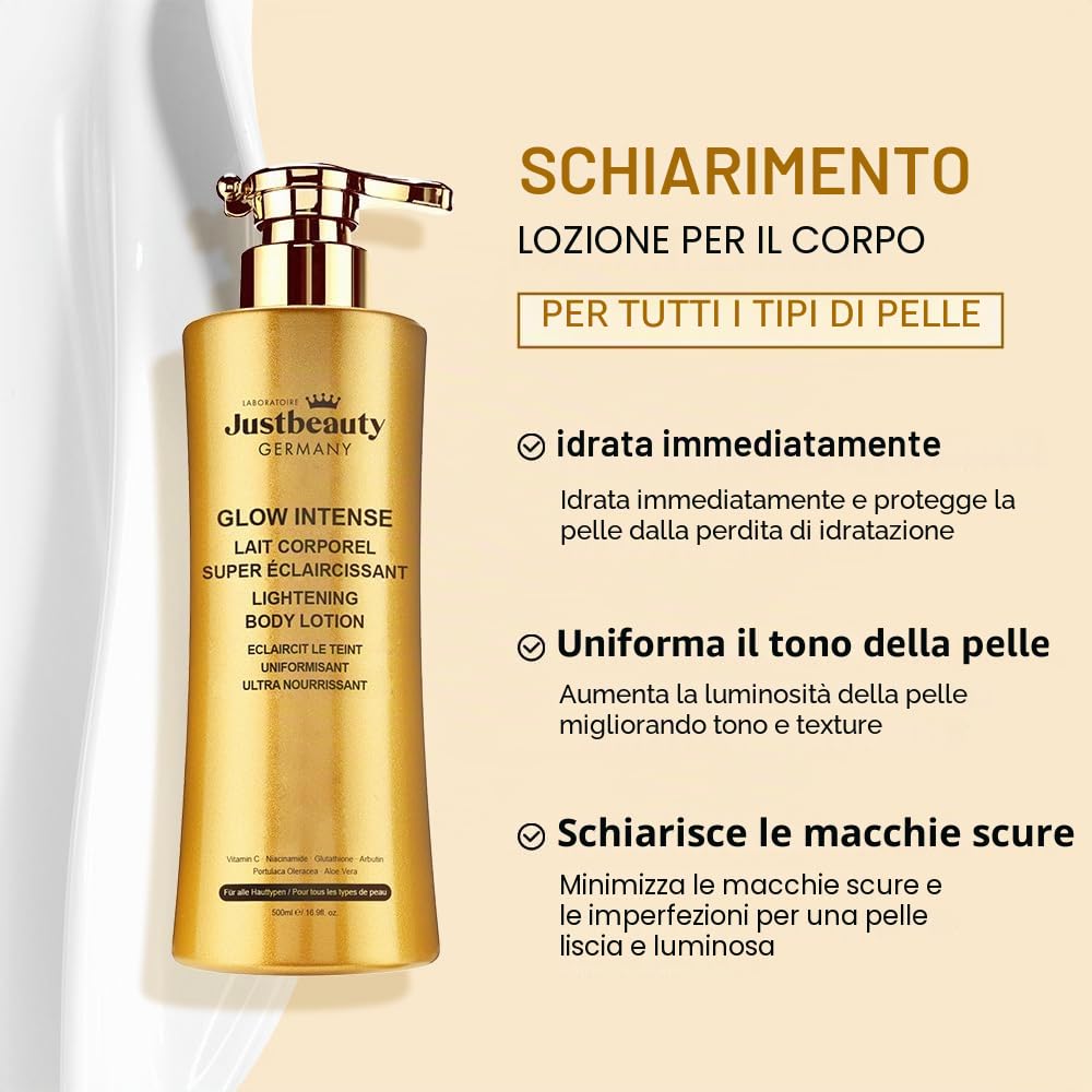 Justbeauty Germany Glow Intense Latte Corpo 500 ml - Cura Corpo per tintura Irregolare e macchie visibili - Acido Kojico, Arbutina, Vitamina C & Niacinamide