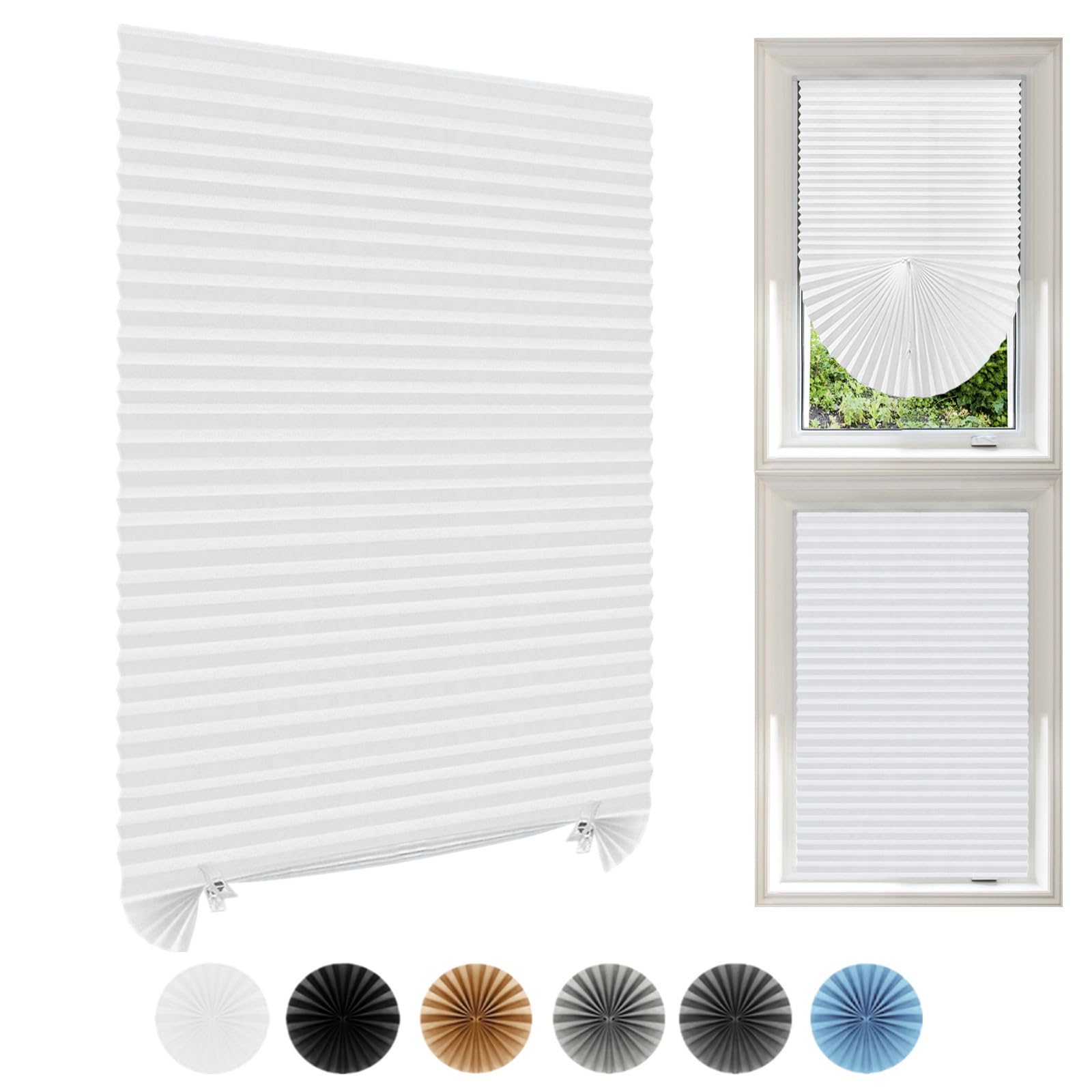 Temporary Blinds Stick On Cut to Size Non-woven Fabric No Drill Self Adhesive Pleated Paper Window Shades for Bedroom Kitchen Bathroom Windows Patio French Doors (2, White, WxH 60x150cm)