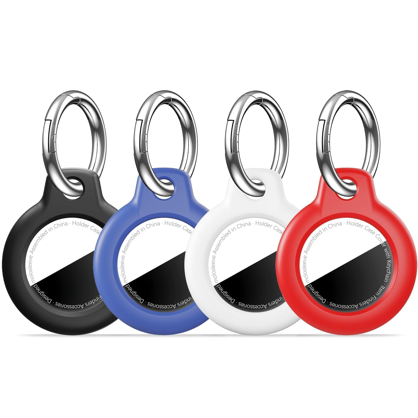 MOLOSLEEVE [4 Pack Case for AirTag 2nd Gen (2026) &amp; 1st Gen, Holder Anti-Scratch Protective Cover for Air Tags, Men's Women's Keyrings &amp; Keychains for Keys, Luggage, Black/Blue/White/Red