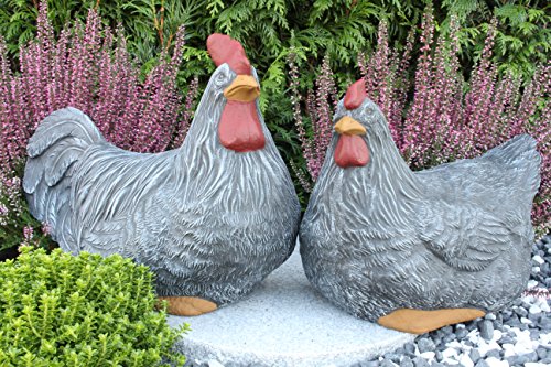 STEINFIGUREN SPICKER Steinfigur Huhn, Henne, Hahn 2er Set 135/1, 180/1 Gartenfigur Steinguss Tierfigur Basaltgrau