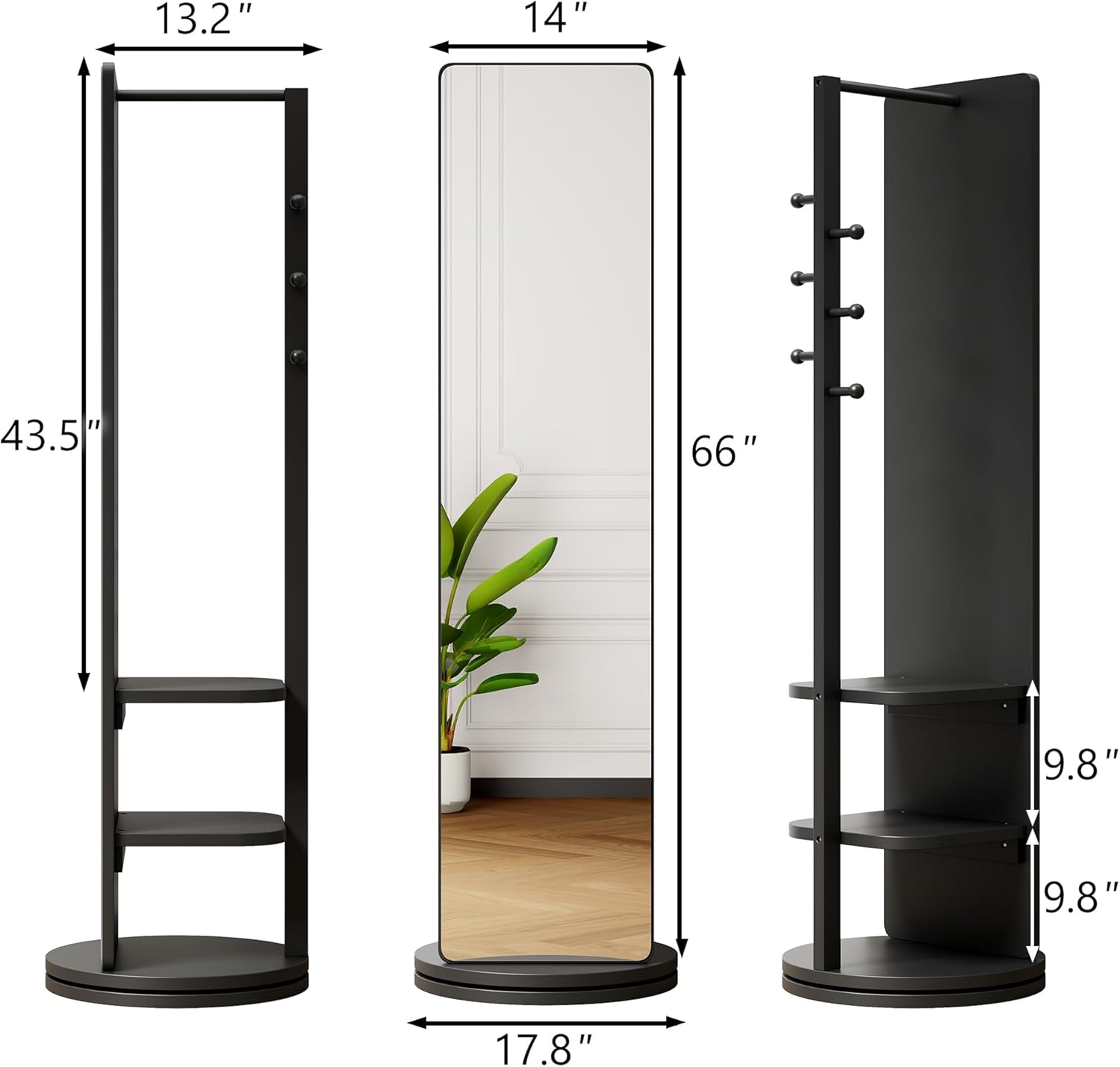 Full Length Mirror with Storage,360° Rotating Multifunctional Standing Full Body Mirror for Bedroom, Stand Coat Rack with Hook， 66"x14" Solid Wood(Black)