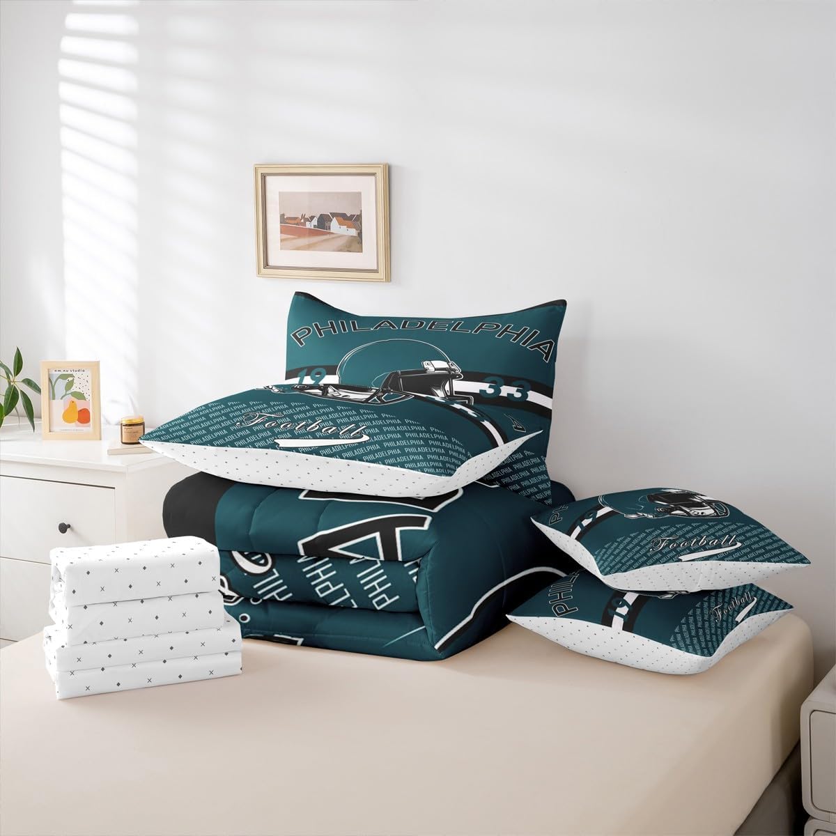 Feelyou Football Comforter Set with Sheets 7 Piece Full Size Philadelphia Bedding Set for Kids Boys Girls Football City Bed in a Bag Sports Games Room Decor Soft Lightweight Microfiber - Image 5