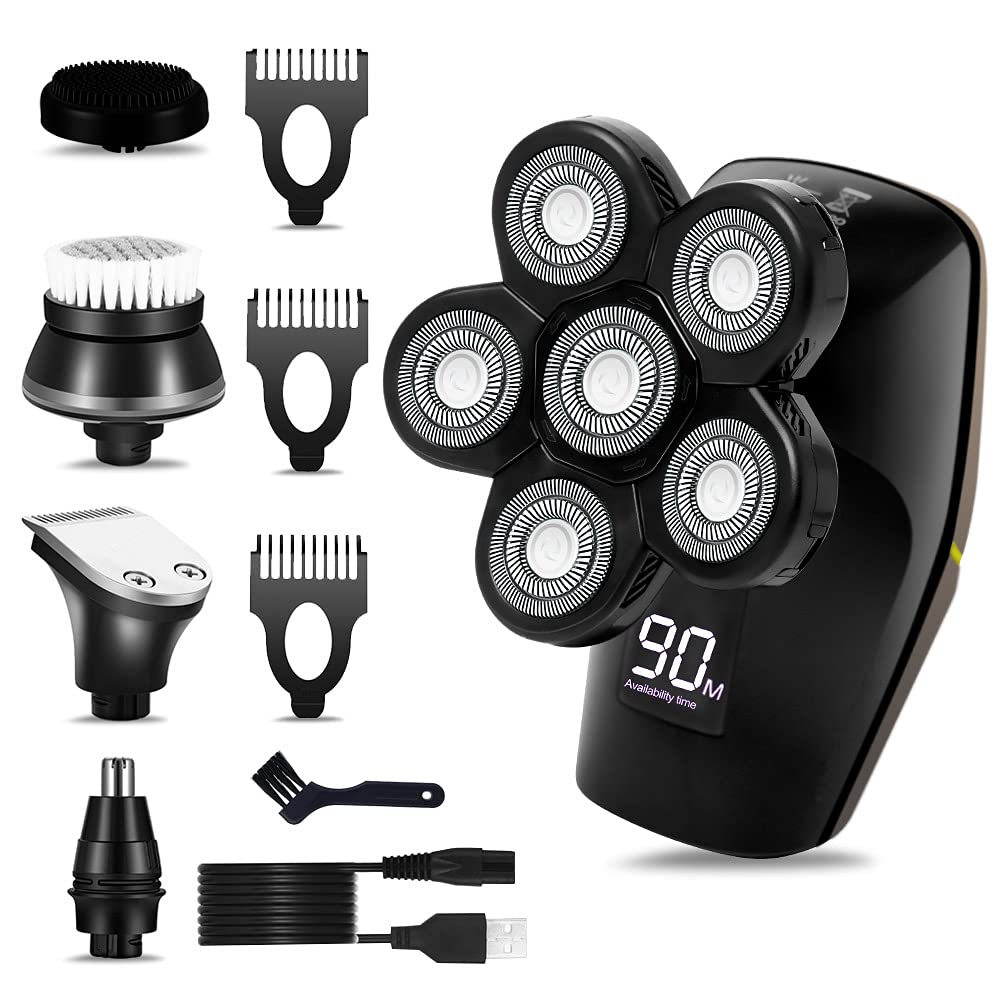 SURKER Rasoio elettrico rotante 6 in 1 da uomo con testa calva, kit di toelettatura elettrico multifunzionale, ricaricabile tramite USB, tagliacapelli impermeabile e senza fili, schermo LED