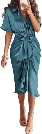 BTFBM Maxi Dresses for Women Business Casual Outfits | Short Sleeve, Button Down, Lightweight, Silk Satin Dress, Ruched, Tie Waist, Cocktail, Party, Wedding Guest, Work Clothes