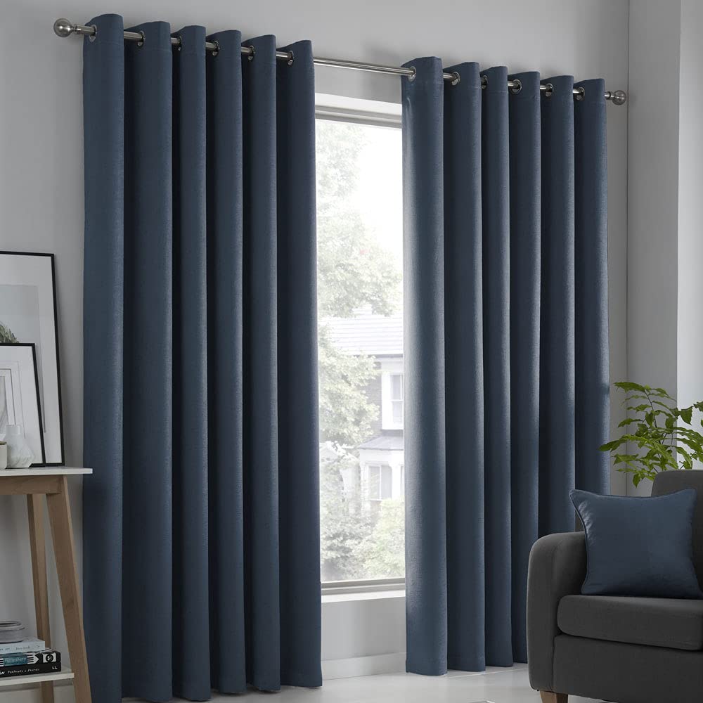 Fusion  Blue Strata Dim Out Self Lined Eyelet Curtains in Size 90x90 Inch, Sports Direct