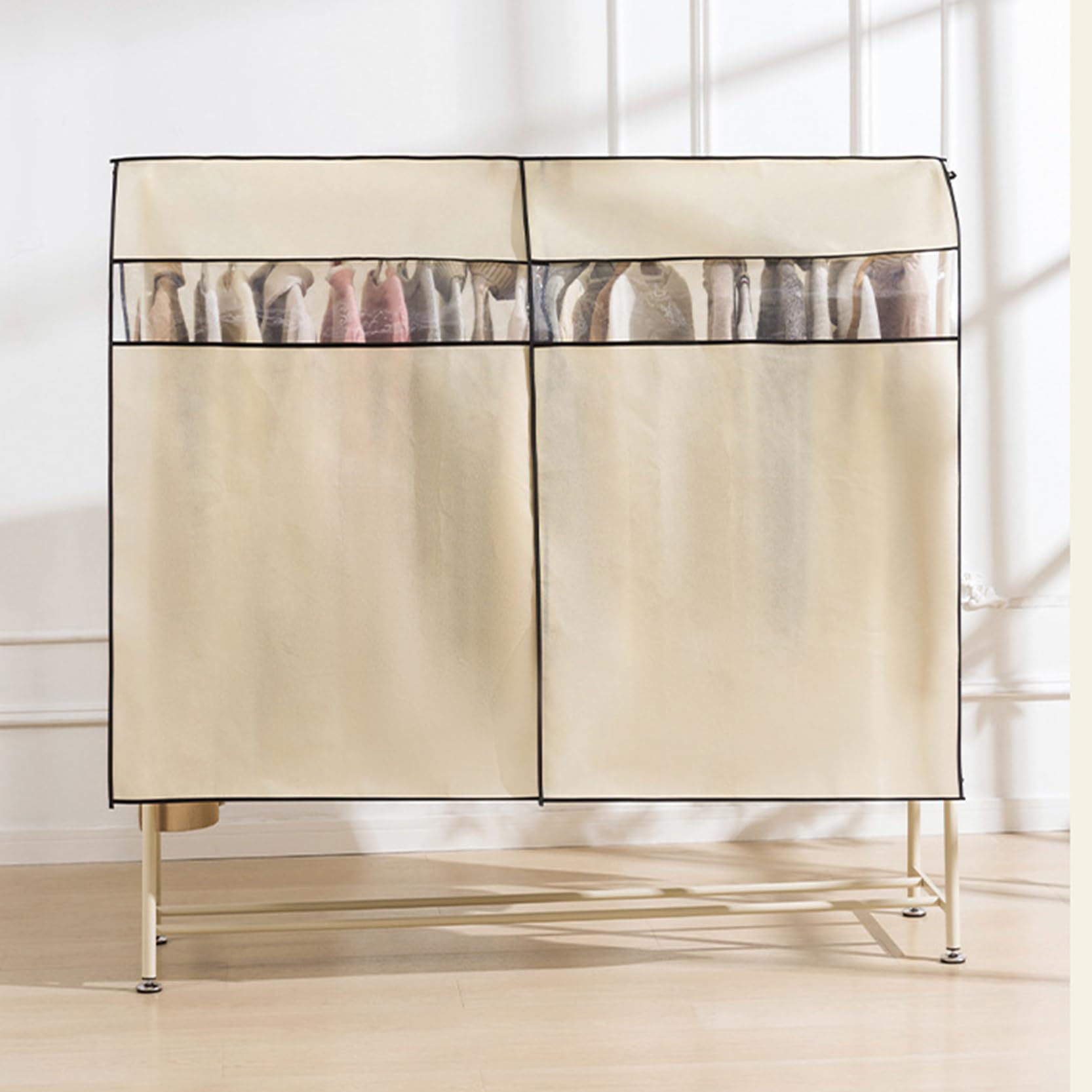 Kleiderstangenabdeckung mit Sichtfenster, 3er-Pack, Lange (B) 60/120/180 x (H) 120 cm, staubdicht und atmungsaktiv, beige, 180 x 120 cm