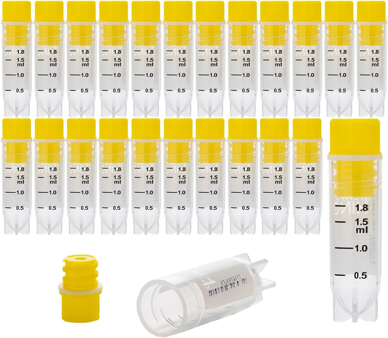 2.0 ml Cryovials, Side-Coded Storage Tubes, Polypropylene Lab Vials with Yellow Cap, Small Liquid Sample Vials with Internal Thread, 25/Bag