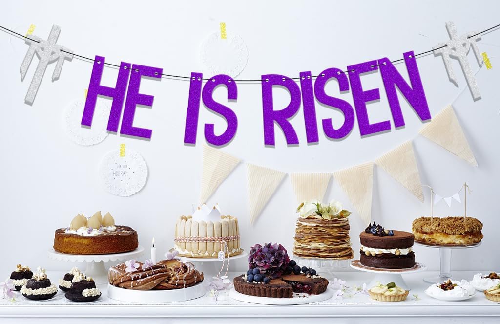 He is Risen Banner,Easter Party Decorations,Religious Easter Resurrection Party Deocr,Religious Holiday Supplies,Happy Easter Party Decorations Purple Silver