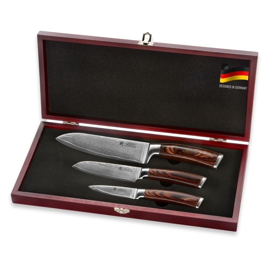 Wakoli EDIB 3-Piece Damascus Kitchen Knife Set – Santoku, small Santoku & Office knife with VG10 Core | Ultra-Sharp Damascus Steel Blades | Pakkawood Handle | Gift Box Japanese Knife Set