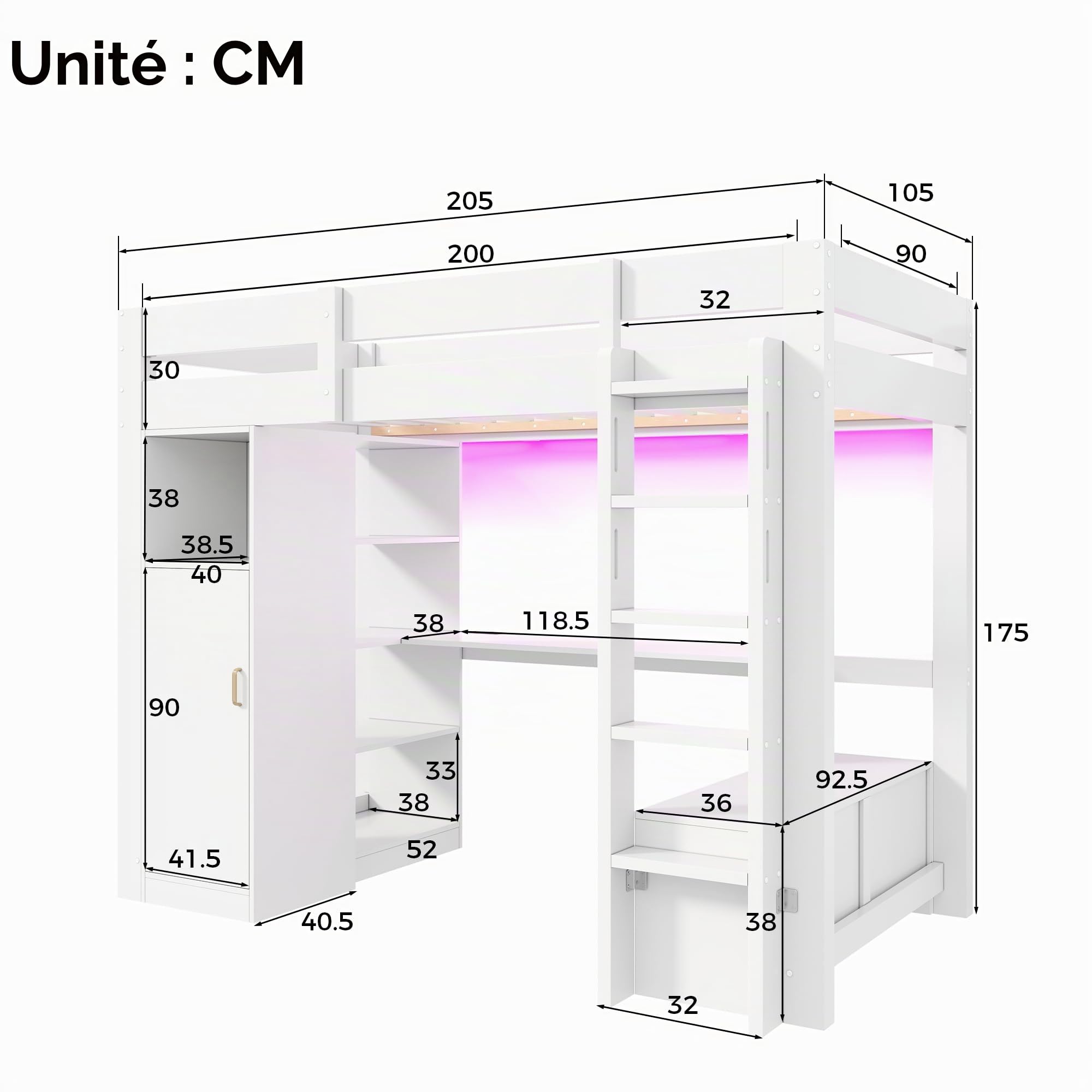 Lit Mezzanine 90 x 200 cm avec Penderie, Lit en Hauteur avec Éclairage LED et Port USB, Bureau et Étagère Ouverte à 4 Niveaux, Banc de Rangement, Barrières de Sécurité, Blanc-B