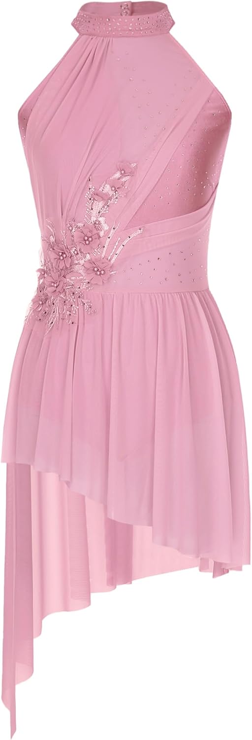 Women Applique Lyrical Dance Dress Irregular Flowy Tulle Skirt Leotard Contemporary Dance Costume