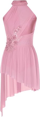 Women Flowy Lyrical Dance Dress | Applique, Rhinestone Mock Neck, Irregular Flowy Tulle Skirt Leotard, Contemporary Dance Costume, for Recital Performance