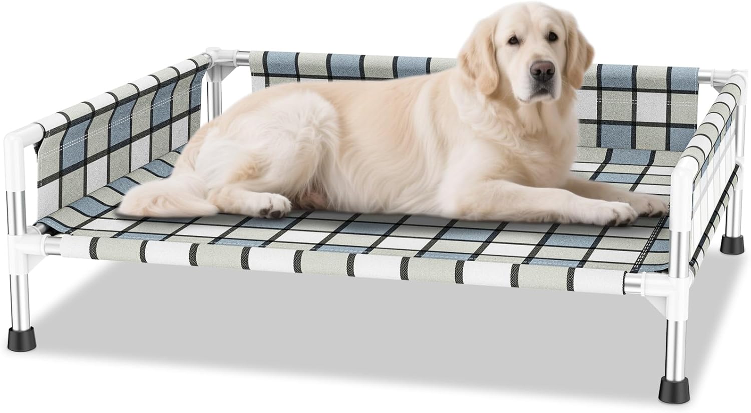 Elevated Raised Outdoor Dog Bed - Cooling Washable Dog Cot with Guardrail, Durable & Breathable Cotton Mesh Pet Hammock Beds with Stainless Steel Pipe Frame for Large Pets (34'' x 26'' x 12'')