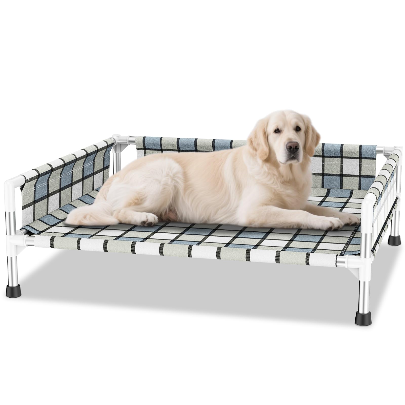 Elevated Raised Outdoor Dog Bed - Cooling Washable Dog Cot with Guardrail, Durable & Breathable Cotton Mesh Pet Hammock Beds with Stainless Steel Pipe Frame for Large Pets (34'' x 26'' x 12'')