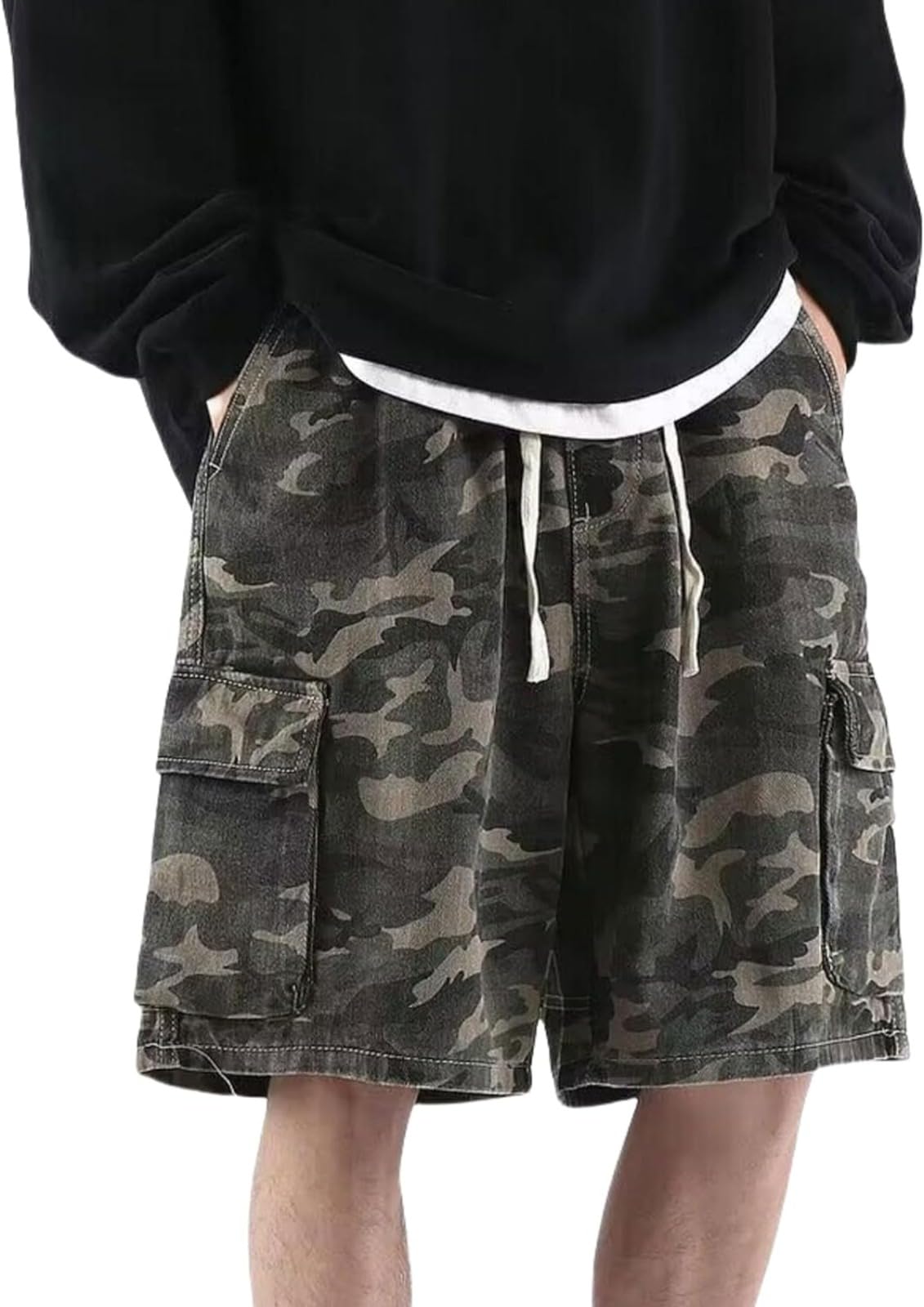 FENXIXIONE Mens Retro Camo Cargo Shorts Y2k Baggy Jorts Hip Hop Camouflage Shorts Goth Bermuda Shorts Streetwear (S,Camo)