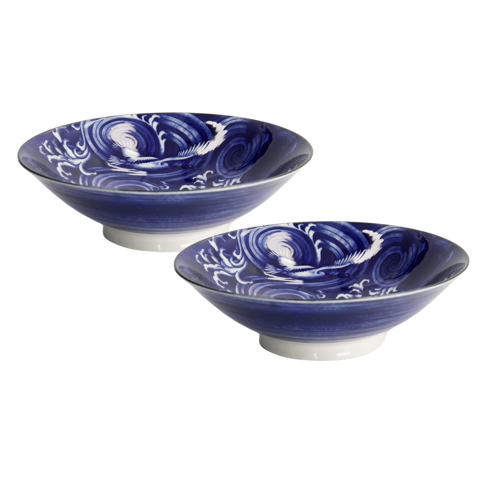 TOKYO Japonism Kranich-Schalen 2er Set, große japanische Suppen- & Ramen-Schalen, blau-weißes Porzellan, Ø 25,2 cm, 1600 ml, traditionelles japanisches Design, Servierschalen für Nudeln & Salate
