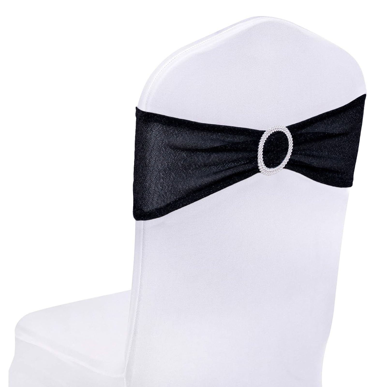 SquarePie Pack of 50 Black Chair Sashes Bows with Buckle Slider Glitter Universal Elastic Spandex Chair Bands Ties for Banquet Event Decor