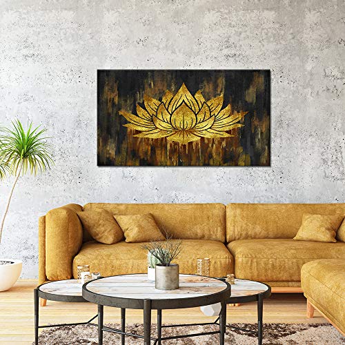 Abstract Lotus Canvas Wall Art Water Lily Flower Picture Print Artworks Gold And Black Floral Painting Poster For Bedroom Living Room Home Wall Decor Stretched And Framed Ready To Hang 20"X36" #TOP1