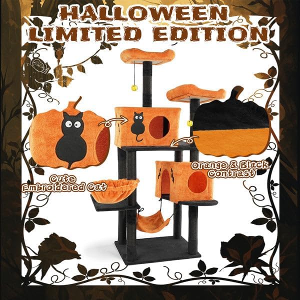 WhatDaDog Black and Orange Halloween Medium Cat Scratcher Tree Halloween Cat Tree Cat Post
