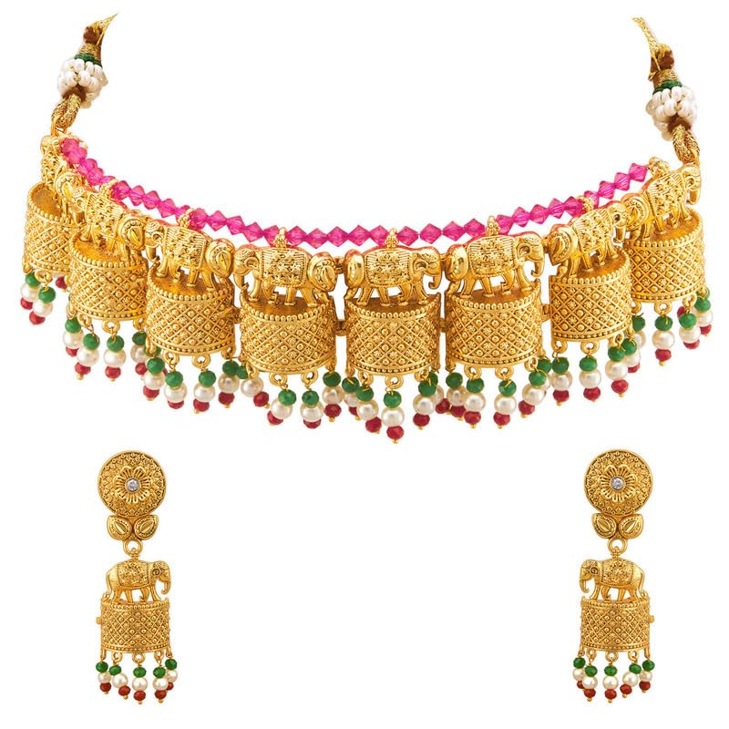 Aheli Elegante tono oro realizzato etnico festivo festa di nozze indossare collana girocollo Jhumki orecchini set per donne indiane gioielli di moda tradizionali, Metallo
