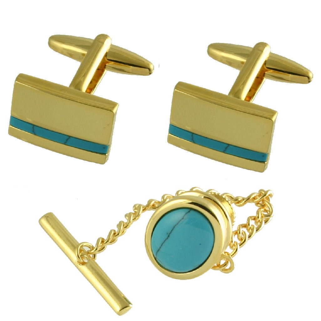 Geschenk Set Manschettenknöpfe Blau Türkis Stein oval Tie Tac Gold - Ton - Ton
