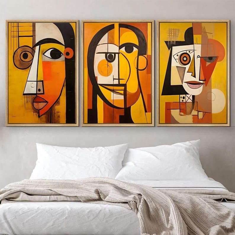 Peinture cubiste moderne pour salon : triptyque de toiles abstraites 70x100