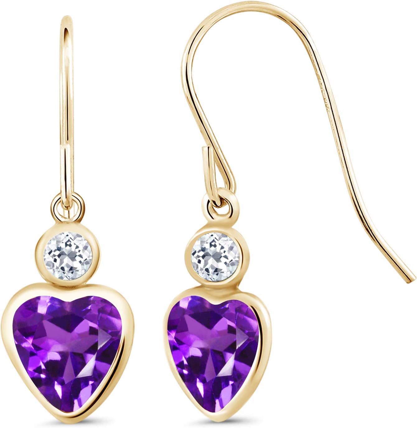 Gem Stone King 14K Yellow Gold Purple Amethyst and White Topaz French Wire Dangle Hook Earrings For Women (3.74 Cttw, Gemstone February Birthstone, Heart 6MM, Round 3MM)