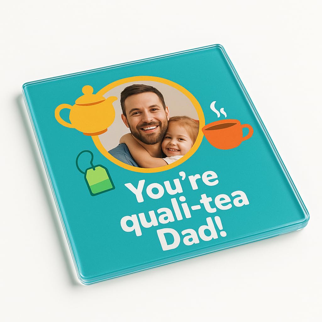 The Plum Penguin Dad Funky Personalised Photo Acrylic Coaster Gift - Colourful Drinkware With Photo Frame For Fun Family Gatherings - Quali-Tea Vibes