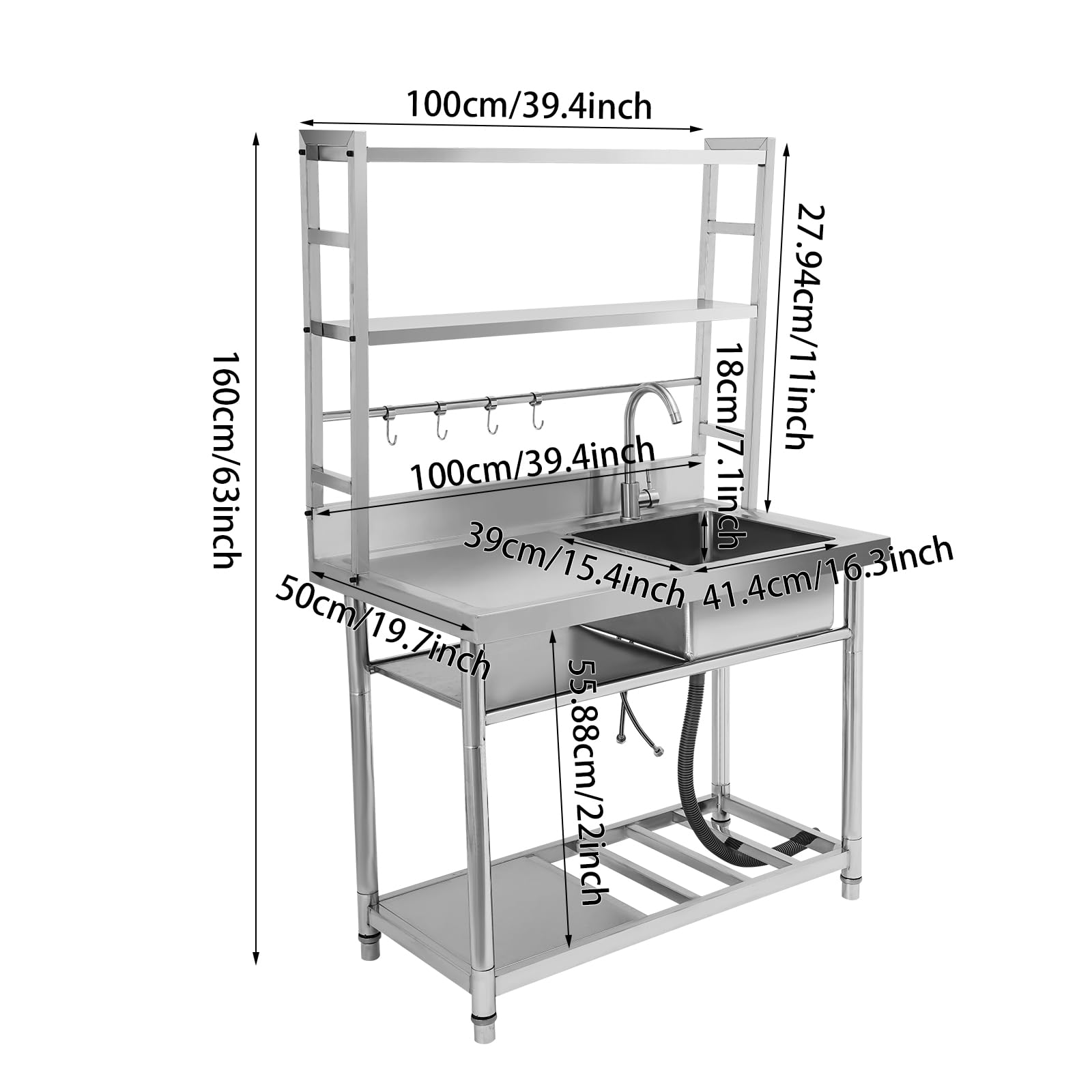 Lavandino da ristorante con ripiano a più livelli, multifunzione, in acciaio inox, commerciale, in acciaio inox, per la cucina e la gastronomia