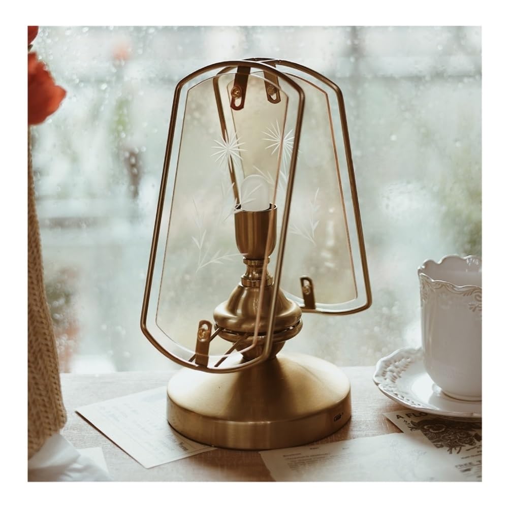 Lámpara de noche moderna para dormitorio, Lámpara de mesa francesa retro de vidrio tallado y hierro forjado, iluminación interior de bajo consumo con LED dorados. , para oficina, sala de estar, noche