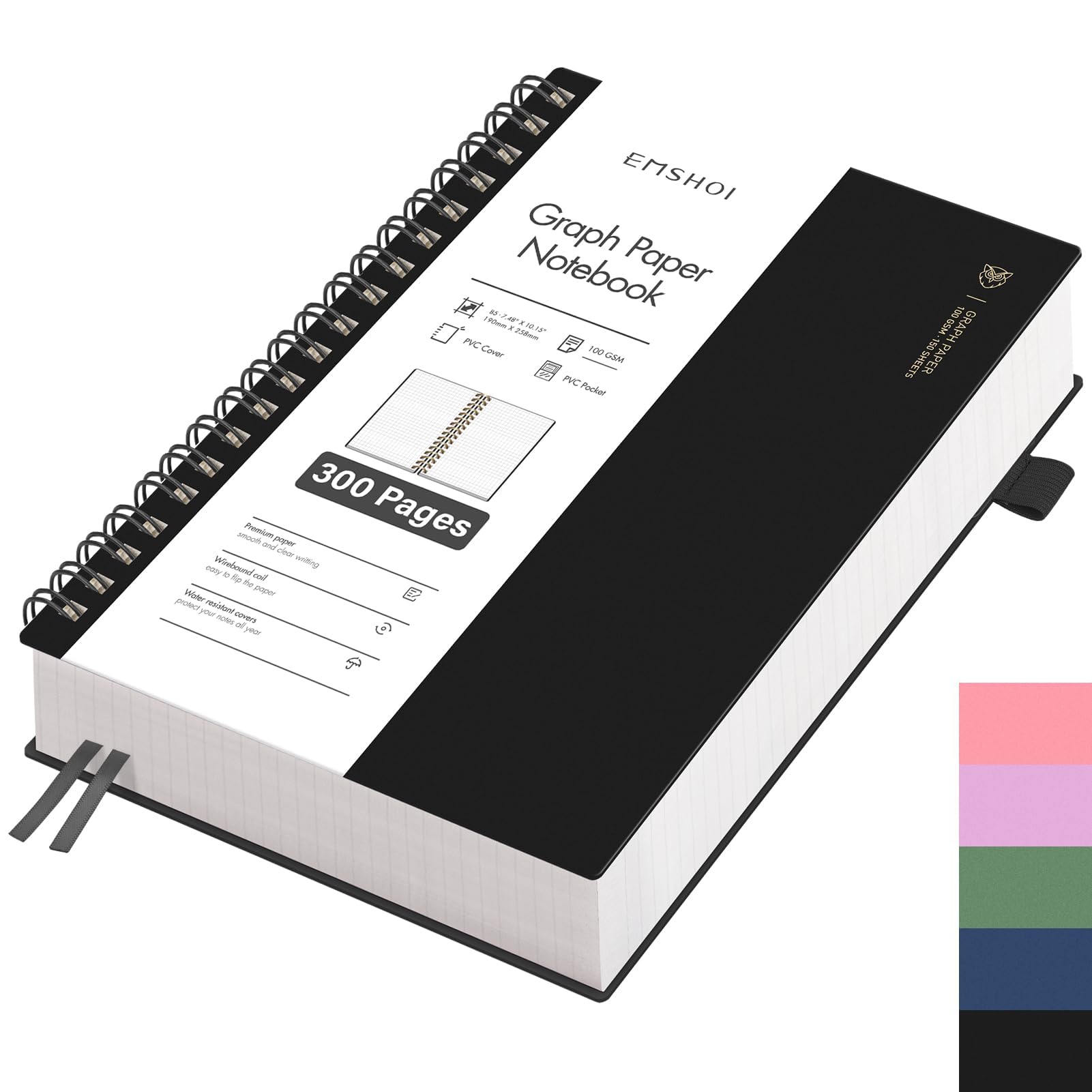 EMSHOI Notebook B5 Chequered, Spiral Notepad with 300 Pages / 150 Sheets, 100gsm Checked Paper for Writing, PVC Hard Cover, Notebooks for School, Work, Drawing, Travel, 19 x 25 cm - Black