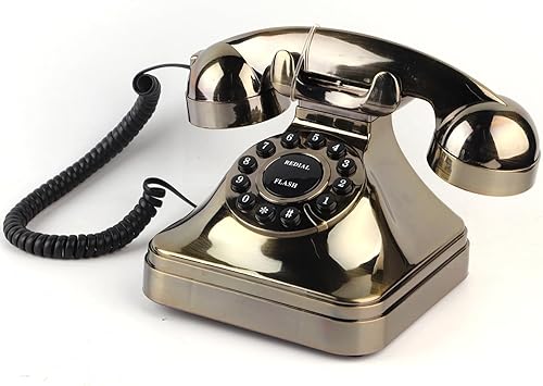 Teléfono de bronce antiguo, Teléfono fijo con cable, Teléfono doméstico clásico de marcación rotativa vintage, Teléfonos con cable de línea fija