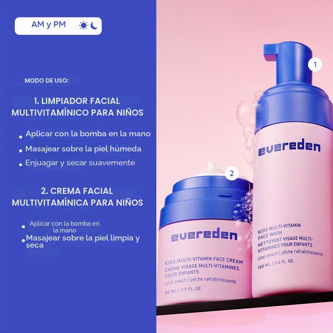 Evereden Kids Happy Face Duo (Cool Peach) - Juego de lavado facial multivitamínico para niños y crema facial para niños - Cuidado de la piel limpio y vegano para niños a partir de 3 años - Juego de