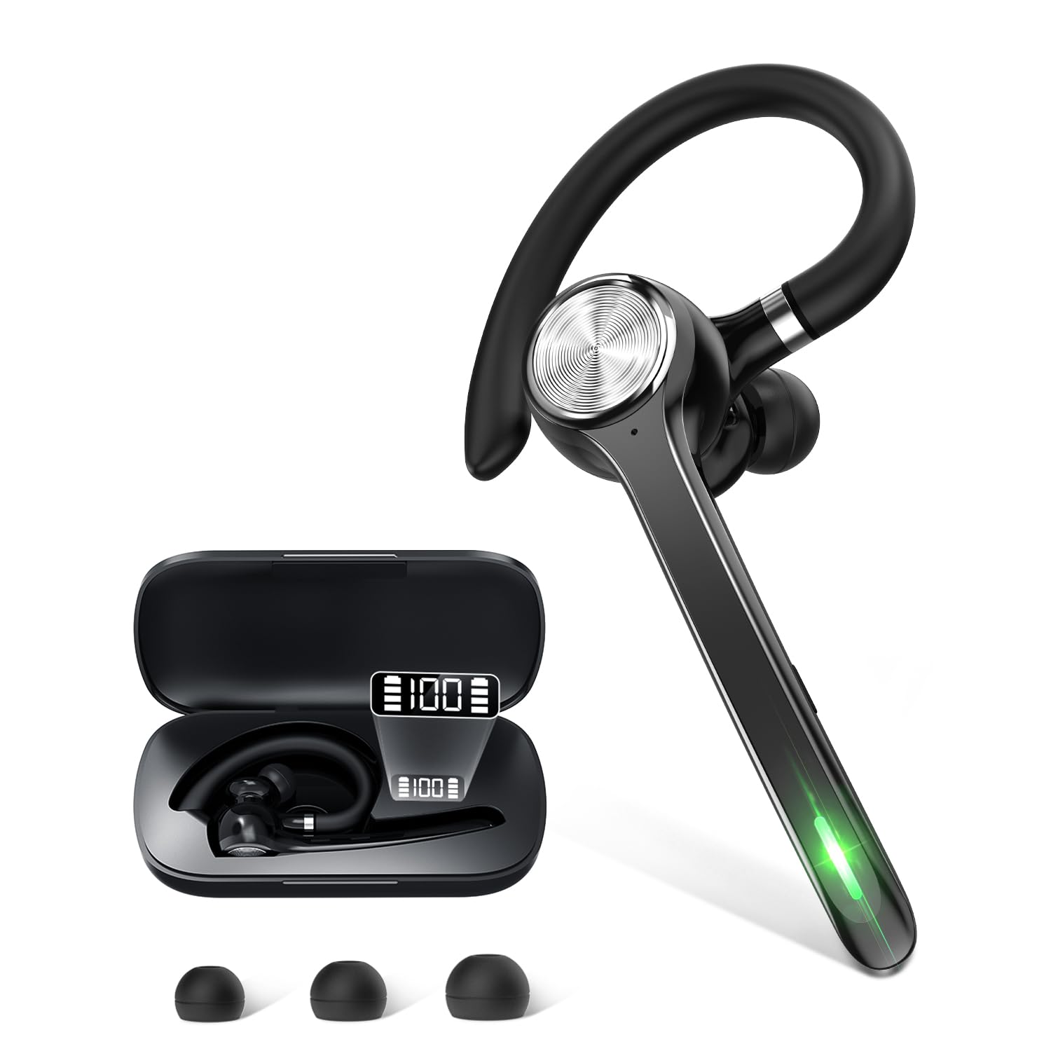 HEIBAS Bluetooth Headset, Wireless Bluetooth Earpiece with 500mAh Charging Case 72 Hours Talking Time Built-in Microphone for iOS Android Cell Phone, V5.1 Hand-Free Headphones for Office-Bright Black