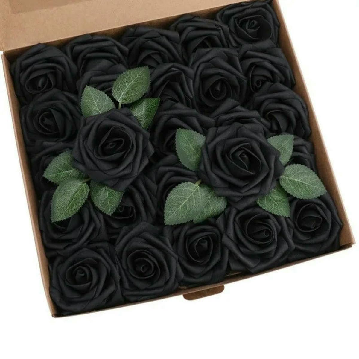 AYHTUD 10~100pcs Rose Artificial Flowers Foam Fake Roses Wedding Bouquets Centerpieces Mothers Day Valentines Party Decoration-Black-50pcs no box leaves