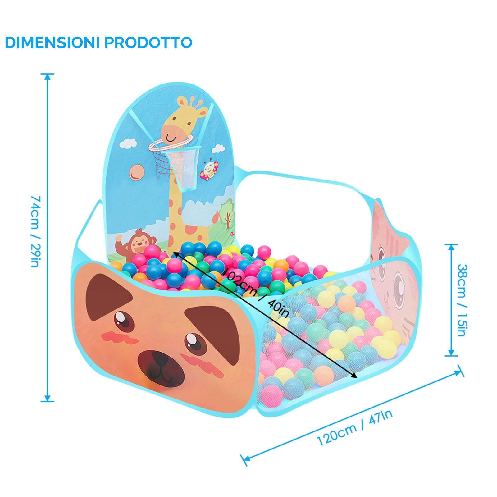 Tenda da gioco per bambini, automontante e pieghevole, con motivo stile cartone animati, con piscina per palline e canestro da basket per uso in ambienti interni ed esterni casetta per bambini